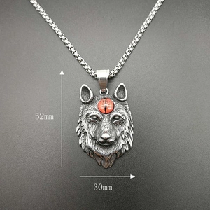 Viking wolf head pendant necklace in stainless steel with red eye and measurement markings