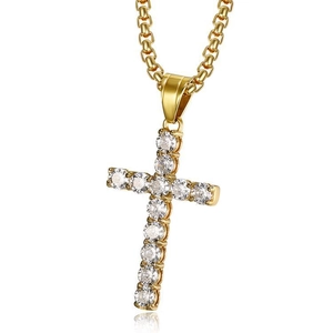 Hip hop gold plated stainless steel cross pendant necklace with sparkling cubic zirconia