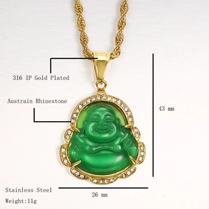 Gold plated stainless steel laughing Buddha pendant necklace with green cat-eye stone and rhinestones