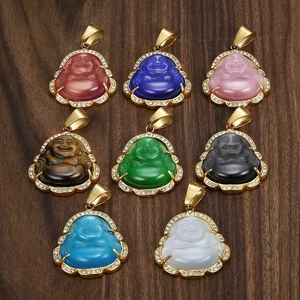 Laughing Buddha pendants in 8 colors with stainless steel diamond-set gold base
