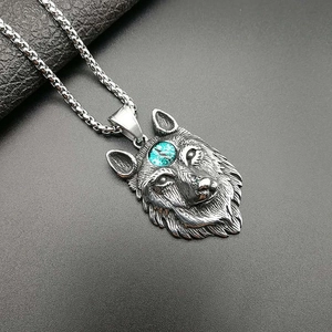 Retro viking wolf head pendant necklace in titanium steel with blue stone and box chain