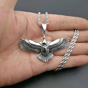 Vintage punk silver eagle pendant necklace in polished titanium steel with wing details