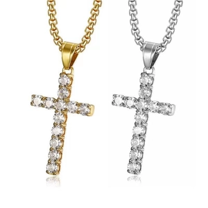 Hip Hop Titanium Steel Cross Pendant Necklace For Men Women Gold Silver Plated Iced Out Zirconia Religious Jewelry