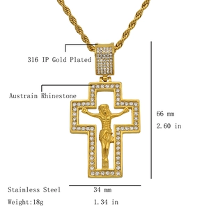 Detail of 316 stainless steel Jesus cross pendant with gold plating and rhinestones