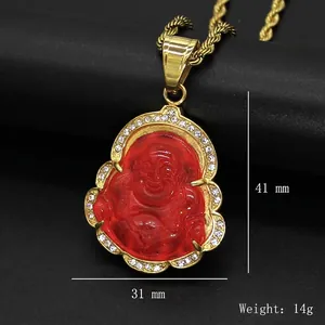316L Stainless steel laughing buddha necklace with red chalcedony and crystals
