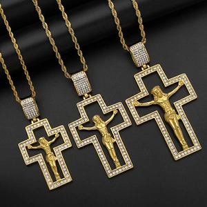 Jesus Cross Pendant Necklace Stainless Steel Gold Plated Rhinestone Religious Hollow Out Pendant For Men Women Jewelry