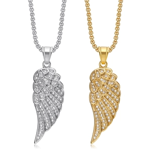 Collier Pendentif Aile d'Ange en Acier Inoxydable Hip Hop Or Argent Plaqué Strass Bijoux de Mode pour Hommes et Femmes