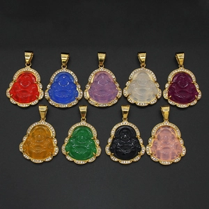 Stainless Steel Maitreya Buddha Pendant Necklace Rhinestone Malay Chalcedony Laughing Buddha Rope Chain Religious Jewelry