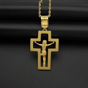 Gold plated stainless steel hollow Jesus cross pendant necklace with rope chain