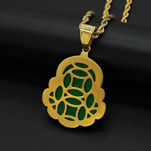 Stainless steel Laughing Buddha pendant with green chalcedony and gold rope chain