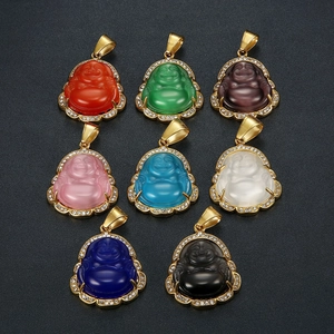 Pendentif Bouddha Rieur en Acier Inoxydable Seul Sans Chaîne Strass Incrusté Pierre Oeil de Chat Bijoux Ethniques Religieux