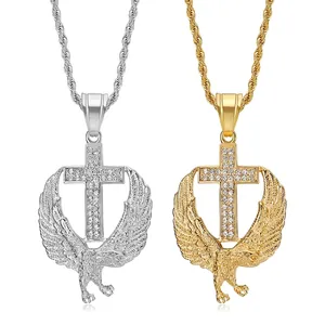 Hip Hop Stainless Steel Eagle Cross Pendant Necklace For Men Rhinestone Pave Animal Bird Twist Chain Jewelry Gift
