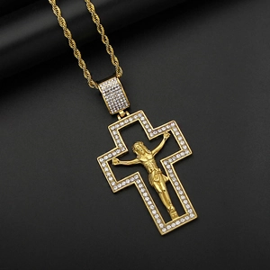 Gold plated Jesus cross necklace with paved diamonds on twisted rope chain