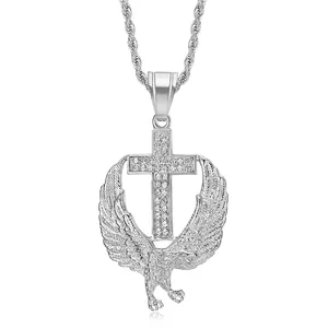 Icy silver hip hop necklace featuring a cross and eagle pendant with crystal accents