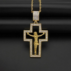 Gold plated stainless steel Jesus cross necklace with sparkling crystals on a twist chain