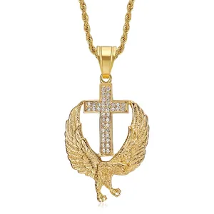 Gold plated hip hop necklace featuring a crystal cross and eagle pendant with twist chain