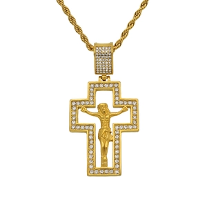 Gold plated stainless steel hollow Jesus cross necklace with cubic zirconia inlay