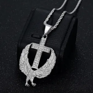 Hip-hop style gold plated titanium steel cross and eagle pendant with crystal inlay