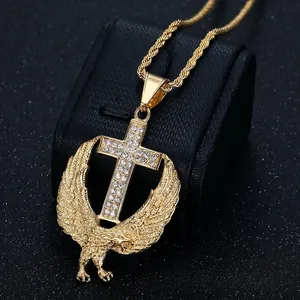 Hip hop gold plated stainless steel eagle cross pendant necklace with iced out crystals