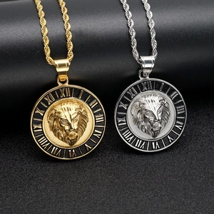 Pendentif Rond Tête de Lion Hip Hop Collier en Acier Inoxydable Médaillon Chiffres Romains Bijoux pour Hommes Femmes