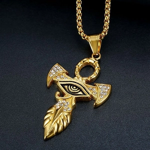 Collana con ciondolo Ankh in acciaio inossidabile dorato con Occhio di Horus e cristalli
