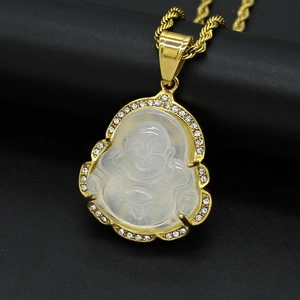 316 Stainless steel Buddha pendant with white chalcedony and crystals on gold chain
