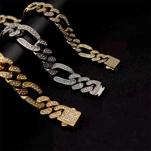 Hip hop style Cuban link chain necklaces in gold and silver finish with full rhinestones
