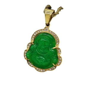 316 Stainless steel Laughing Buddha pendant with green chalcedony and diamond accents