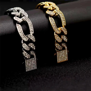 Hip-hop iced out Cuban link chains in gold and silver with rhinestones and square clasps