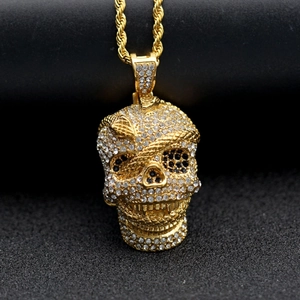 Hip hop 18K gold plated skull and snake pendant necklace with pavé cubic zirconia