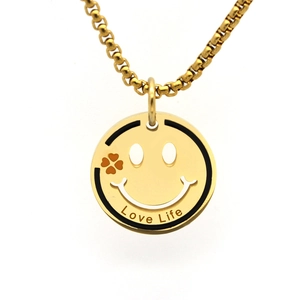 Collier en acier titane doré avec pendentif visage souriant et gravure Love Life