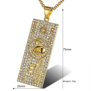 Detailansicht der Hip-Hop Dollar-Halskette in Gold mit Größenangaben in Millimetern