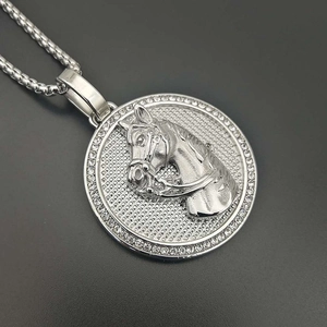 Silver horse head relief medallion pendant necklace with round micro-pave crystal border