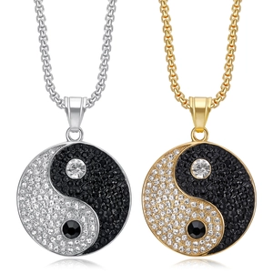 Hip Hop Yin Yang Taichi Round Pendant Necklace Stainless Steel Rhinestone Inlaid Gold Silver Color Geometric Jewelry For Men Women