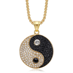 Hip hop titanium steel gold plated Tai Chi pendant necklace with black and white crystals