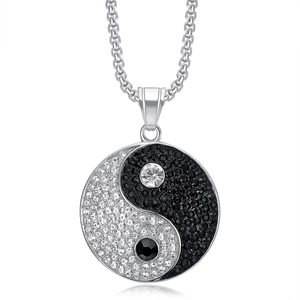 Hiphop iced out yin yang necklace with pave black and white crystals on silver chain