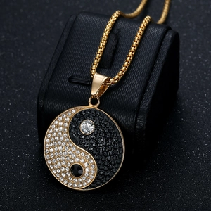 Hip Hop Gold Plated Stainless Steel Yin Yang Pendant Necklace with Pave Set Crystals