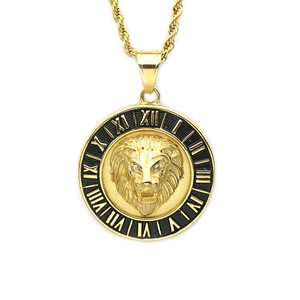Collier médaillon tête de lion hip hop avec chiffres romains et chaîne torsadée