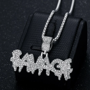 Collier pendentif lettre savage hip hop en argent avec des pierres de zircone brillantes