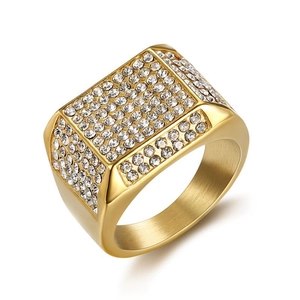 Hip hop men's gold-plated wide ring with square pavé diamonds and brushed metal interior