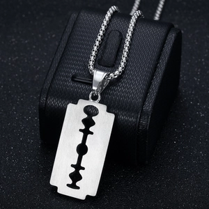 Punk style stainless steel razor blade pendant necklace with brushed metal finish