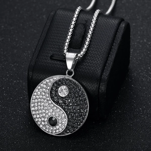 Hip hop style yin yang tai chi pendant necklace with full micro-pave crystals and box chain