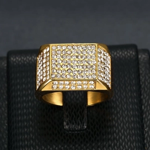 Hip hop gold plated square ring for men with pavé sparkling cubic zirconia stones