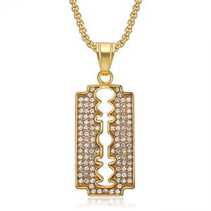 Iced out gold razor blade pendant necklace with sparkling rhinestones and box chain