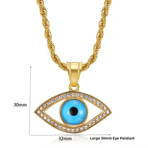 Detail view of gold stainless steel Evil Eye pendant with blue bead and white zircons