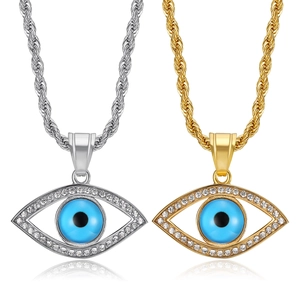Titanium Steel Evil Eye Pendant Necklace For Women Blue Rhinestone Inlaid Gold Steel Color Jewelry Accessory Gift