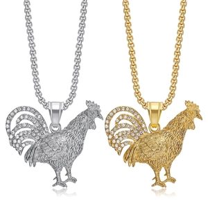 Hip Hop Titanium Steel Rooster Pendant Necklace With Rhinestone Details Men Women Gold Silver Plated Zodiac Animal Jewelry