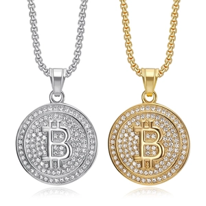 Collier Pendentif Symbole Bitcoin B Hip Hop Acier Inoxydable Strass Style Côte Ouest Or Argent Bijoux