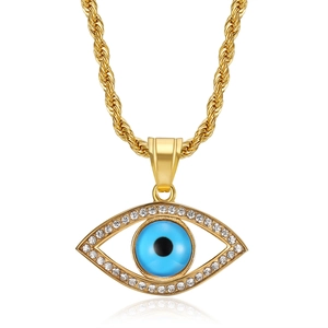 Gold plated stainless steel evil eye pendant necklace with blue crystal and white rhinestones