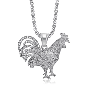 Hip-hop style rooster pendant necklace with silver finish and sparkling crystal accents